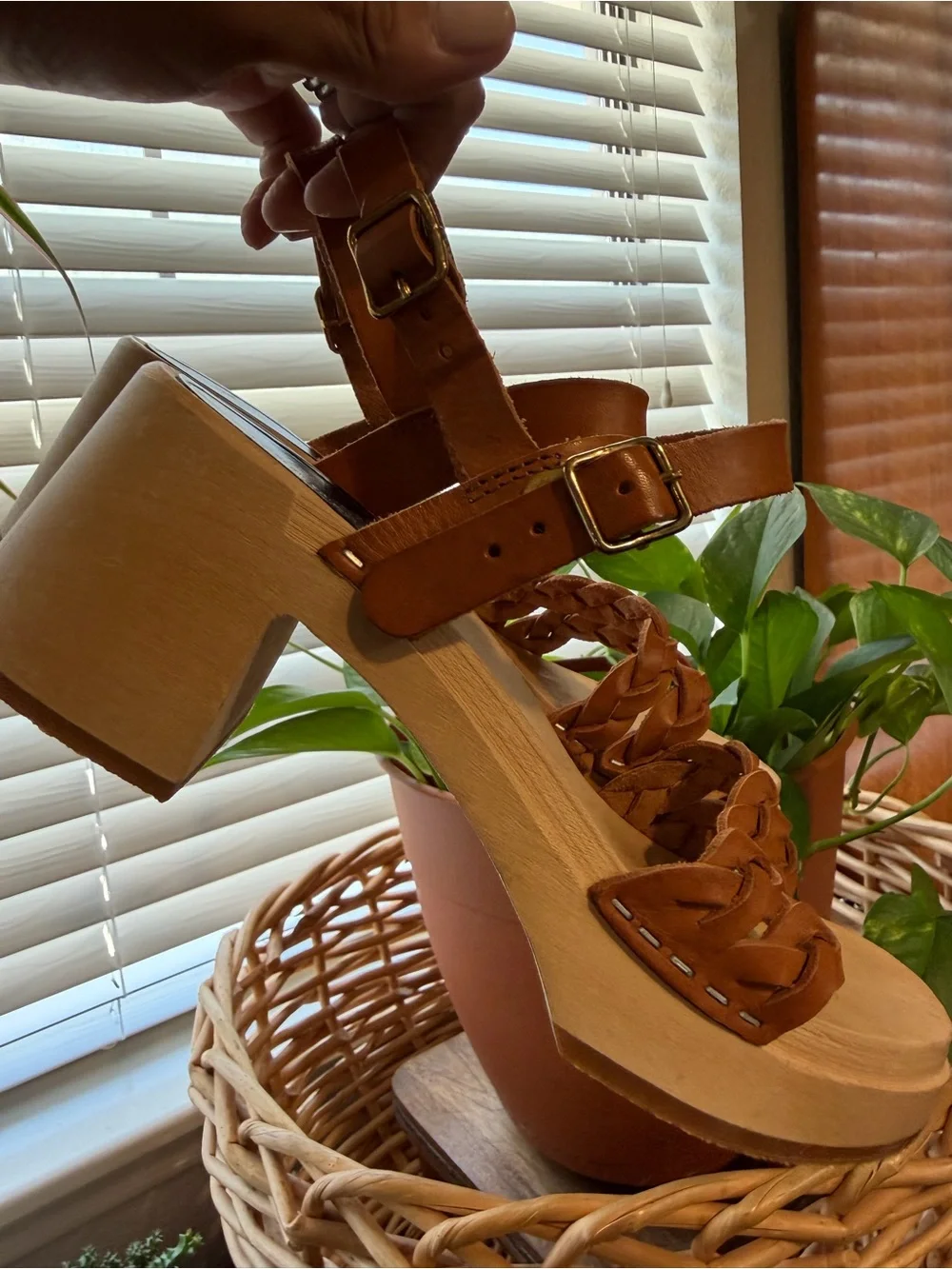 Swedish Hasbeens Brown Leather Braided Platform Clog Sandals
